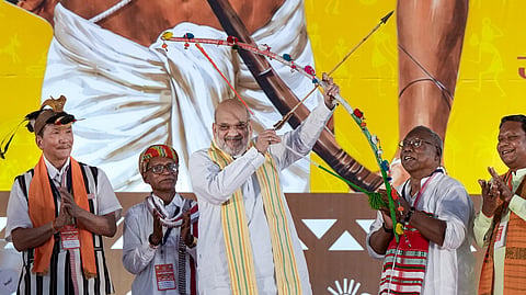 Union Home Minister Amit Shah during the 'Janjati Sanskritik Samagam', marking the 150th birth anniversary celebrations of tribal icon Birsa Munda, at Red Fort in New Delhi, Sunday, May 24, 2026.