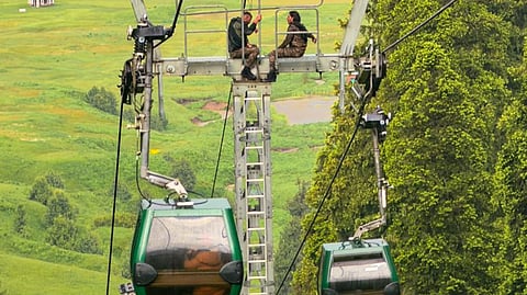 Rescue operation underway after around 300 tourists were stranded aboard the largest cable car as the system developed technical problems, at a Gulmarg resort in Jammu and Kashmir, Monday, May 25, 2026.