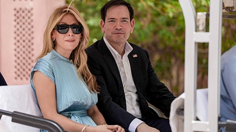 US Secretary of State Marco Rubio and his wife Jeanette leave after visiting the Taj Mahal, in Agra, Monday, May 25, 2026.