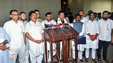Congress MLA Wazed Ali Choudhury speaks to the media during the first session of the 16th Assam Legislative Assembly, in Guwahati, Wednesday, May 27, 2026.