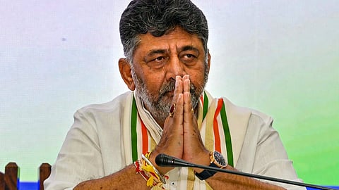 Karnataka state Congress President D K Shivakumar greets after he was elected leader of the legislature party, during the Congress legislature party meeting at Vidhana Soudha, in Bengaluru on May 30, 2026.