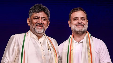 Lok Sabha LoP Rahul Gandhi with Karnataka CM-designate DK Shivakumar during the swearing-in ceremony of the new state government, in Bengaluru on June 3, 2026.