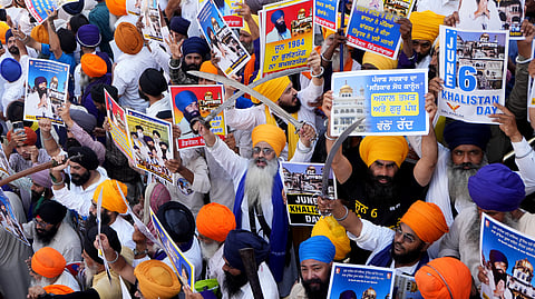 Members of various Sikh organisations raise 'pro-Khalistan' slogans during the 42nd anniversary observance of Operation Blue Star, at the Golden Temple, in Amritsar, Punjab, Saturday, June 6, 2026.