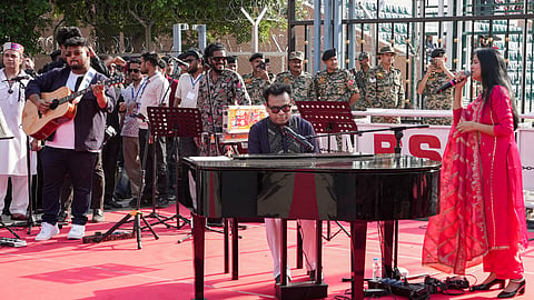 Singer and musician AR Rahman and others perform at Jai Ho, a tribute to the bravehearts event, during the beating the retreat ceremony at JCP Stadium, Attari Border Post, in Amritsar, Punjab, Sunday, June 7, 2026.