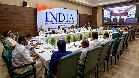 Opposition leaders during the INDIA bloc meeting, in New Delhi on June 8, 2026.