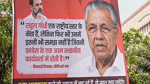 A hoarding with portraits of Lok Sabha LoP Rahul Gandhi and CPI (M) leader Pinarayi Vijayan installed ahead of the INDIA bloc meeting, in New Delhi, Monday, June 8, 2026.