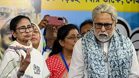 West Bengal Chief Minister and Trinamool Congress supremo Mamata Banerjee with party MP Sudip Bandyopadhyay during an election campaign, in Kolkata, Thursday, April 23, 2026.