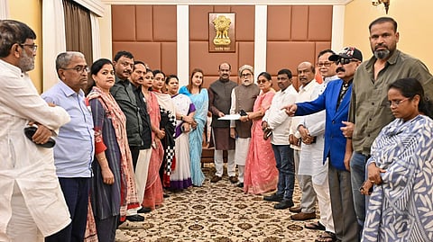 In this image received on June 14, 2026, Lok Sabha Speaker Om Birla receives a letter from TMC MPs including Sudip Bandyopadhyay, Satabdi Roy, Kakoli Ghosh Dastidar, Mala Roy, Yusuf Pathan, and others for separate seating arrangement in the House, in New Delhi.