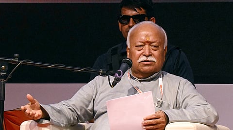 Rashtriya Swayamsevak Sangh (RSS) chief Mohan Bhagwat during a lecture meeting, marking the 100 years celebrations of the Rashtriya Swayamsevak Sangh, in Thiruvananthapuram, Kerala, Saturday, June 13, 2026.