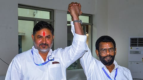 Congress candidate Pranav Jha, left, with Jharkhand Mukti Morcha (JMM) candidate Baidyanath Ram after they cast their votes during the Rajya Sabha elections, at Jharkhand Assembly, in Ranchi on Thursday (June 18, 2026).