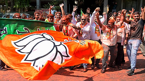 BJP workers celebrate after party candidate Rajiv Potdar wins in the Maharashtra Legislative Council by-election from Nagpur Local Authorities Constituency, Monday, June 22, 2026.
