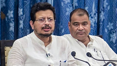 LoP in the West Bengal Legislative Assembly Ritabrata Banerjee, left, addresses a press conference, in Kolkata, West Bengal, Monday, June 22, 2026.