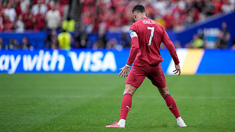 Portugal’s Cristiano Ronaldo celebrates after scoring the opening goal during the World Cup Group K soccer match between Portugal and Uzbekistan in Houston, Tuesday, June 23, 2026.