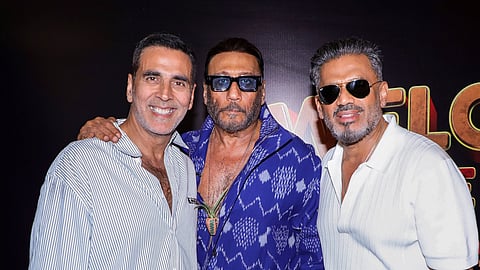 From left, Bollywood actors Akshay Kumar, Jackie Shroff and Suniel Shetty during the promotion of their upcoming film 'Welcome To The Jungle', in Mumbai, Maharashtra, Saturday, June 20, 2026.