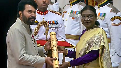 President Droupadi Murmu confers the Padma Shri to actor Mammootty during the second civil investiture ceremony, at Rashtrapati Bhavan, in New Delhi, Tuesday, June 23, 2026.
