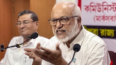 CPI(M) General Secretary MA Baby addresses a press conference, at the party office, in Agartala, Tripura, Friday, June 19, 2026. Party central committee member Manik Dey is also seen.