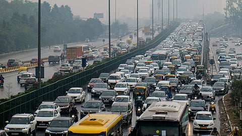 Vehicles stuck in a traffic jam on the Delhi-Gurugram expressway
