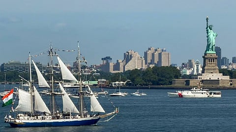 Indian Navy�s Sail Training Ship, INS Sudarshini sailed into New York Harbour, during the Parade of Sail, representing India at the Sail 250 and US International Naval Review on July 5, 2026.