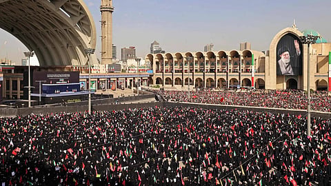 Mourners gather at the Grand Mosalla to pay their final respects to Iran's slain supreme leader Ali Khamenei at the start of his funeral ceremonies in Tehran on July 4, 2026.