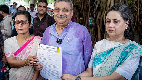 TMC leaders Kalyan Banerjee, Mahua Moitra and Sagarika Ghose speak to the media after meeting Election Commission of India officials at Nirvachan Sadan, in New Delhi, Monday, July 6, 2026.