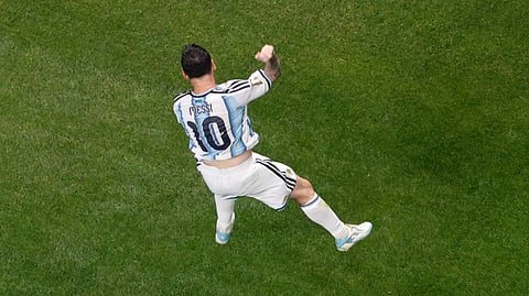 Argentina’s Lionel Messi celebrates after scoring his side’s second goal during the World Cup round of 16 soccer match between Argentina and Egypt in Atlanta, Tuesday, July 7, 2026.