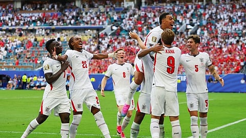England's Jude Bellingham celebrates scoring their second goal with teammates in the FIFA World Cup quarter-final match against Norway at Miami Stadium, Miami Gardens, Florida, US, on- July 11, 2026.