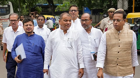 West Bengal Leader of the Opposition Ritabrata Banerjee and other rebel leaders outside Nirvachan Sadan after a meeting between a 10-member delegation of a breakaway faction of the All India Trinamool Congress (TMC) and the full bench of the Election Commission of India (ECI).