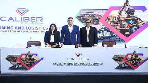 (L–R) Ms. Mrinali Doshi, Sr. VP Dam Capital Advisors; Mohit Chadda, CMD and Nikhil Karwa, CFO, Caliber Mining and Logistics Ltd., at the IPO press conference held in Mumbai