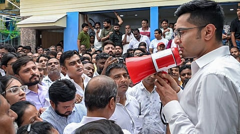 All India Trinamool Congress (AITC) National General Secretary Abhishek Banerjee addresses party workers and supporters during a meeting to discuss the party's upcoming programmes and organisational strategy, in Kolkata on July 17, 2026.