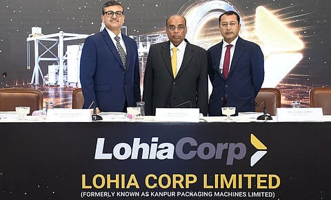 (L-R) Mr. Anupam Agarwal, CFO, Mr. Raj Kumar Lohia, CMD & Mr. Gaurav Lohia, Whole-time Director of Lohia Corp Limited’s at Price band announcement, Mumbai