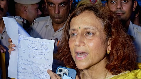 Gitanjali Angmo, wife of activist Sonam Wangchuk, speaks to the media after the Aam Aadmi Party appealed to Sonam to end his hunger strike, with Rajya Sabha MP Sanjay Singh handing over a letter signed by several MPs requesting him to call off the fast, at Medanta Hospital in Gurugram, Wednesday, July 22, 2026.