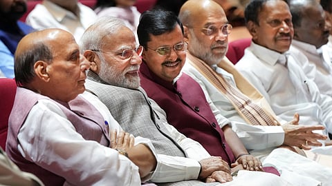 Prime Minister Narendra Modi, Union Ministers Rajnath Singh, Amit Shah, BJP National President Nitin Nabin and others during the NDA's 'Mangal Milan' meeting, during the Monsoon session of Parliament, in New Delhi, Tuesday, Aug. 4, 2026.