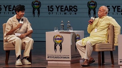 Rashtriya Swayamsevak Sangh (RSS) chief Mohan Bhagwat interacts with students during an India's International Movement to Unite Nations (IIMUN) event, in Mumbai, Maharashtra, Thursday, Aug. 6, 2026.