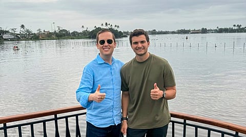 US Ambassador to India Sergio Gor with US President Donald Trump's son-in-law and business executive Michael Boulos during their visit to Kochi on Aug. 8, 2026.