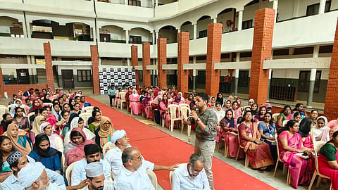 The teaching and non-teaching staff of Vadi Husna Public School attending the training initiative on critical lifesaving interventions during emergencies, jointly organised by Aster Medcity and the Wisdom4Future Initiative.