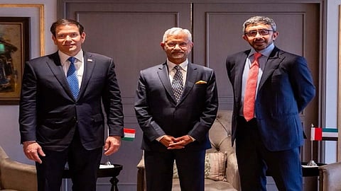 US Secretary of State Marco Rubio, External Affairs Minister S Jaishankar and UAE Foreign Minister Sheikh Abdullah bin Zayed Al Nahyan