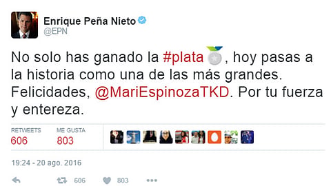 Peña Nieto felicitó a través de Twitter a la taekwondoín
