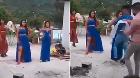 Tres mujeres usando largos vestidos a la esperan el anuncio de la ganadora, mientras suena de fondo la canción Please Forgive Me, de Brian Adams (Foto: captura TW/ @Armandoroldan)