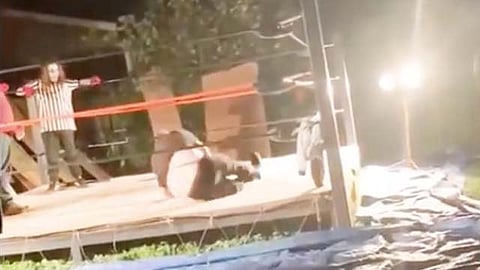 El hombre salta desde las cuerdas del ring, cae mal y se rompe ambas piernas (Foto: fotograma Youtube/
THE HANNIBAL TV)