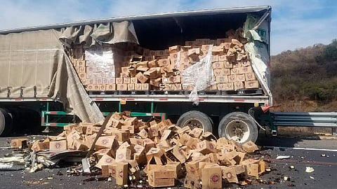 Una de las unidades siniestradas es de la marca Freightliner, color verde, con matrícula 14AG8A (Foto: RED-113)