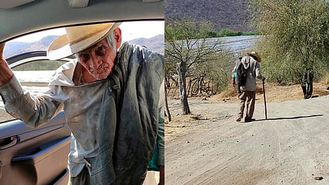Don Antonio camina solo por una carretera bajo el sol hasta encontrar dónde quedarse por la noche (Foto: FB/Gustavo Lara)