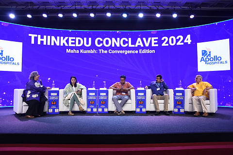 Kaveree Bamzai chairing a session with Aishwarya Mahadev, national media panelist, INC, Dharanaidharan Selvam, national spokesperson, DMK, Kovai Sathyan, official spokesperson, AIADMK, and Narayanan Thirupathy, VP BJP, Tamil Nadu, at the ThinkEdu Conclave 2024 (Express Photo | Ashwin Prasath)