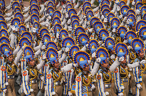 Women personnel in a marching contingent of the Central Reserve Police Force (CRPF) during the 75th Republic Day parade, at the Kartavya Path in New Delhi.