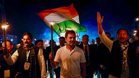 Congress leader Rahul Gandhi during the Bharat Jodo Nyay Yatra, at Sekmai village in Imphal, Manipur on January 14, 2024.