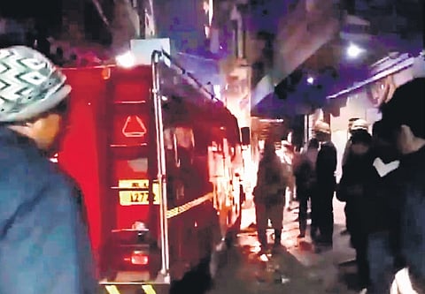 A fire tender outside the Shahdara house where the accident occurred.
