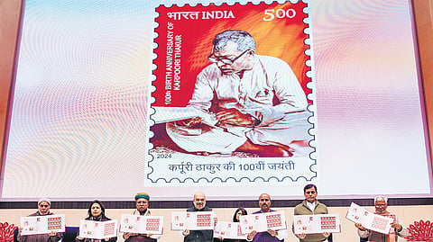 Home Minister Amit Shah, along with other Union ministers, releases postal stamps with the picture of Karpoori Thakur