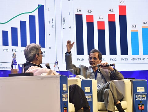 V Anantha Nageswaran (Right) with Shankkar Aiyar, author and analyst during THINKEDU Conclave 2024.