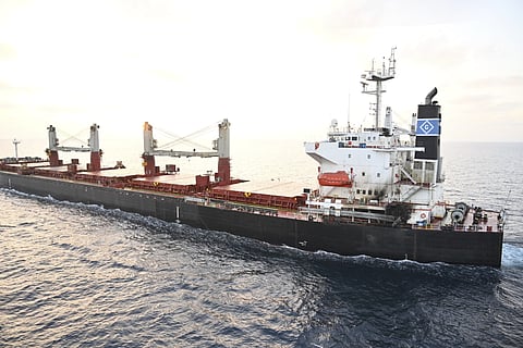 Indian Navy shows U.S.-owned ship Genco Picardy that came under attack Wednesday from a bomb-carrying drone launched by Yemen's Houthi rebels in the Gulf of Aden.