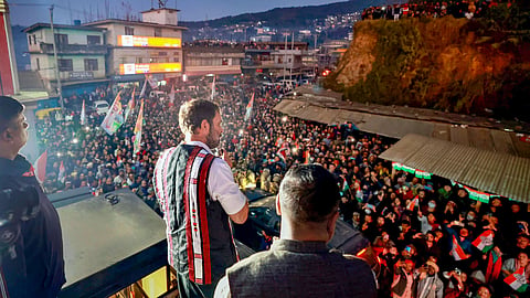 Congress leader Rahul Gandhi addresses supporters during the Bharat Jodo Nyay Yatra, in Wokha, Nagaland, Tuesday, Jan. 16, 2024.