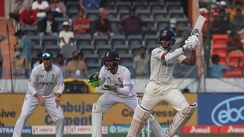 India's Yashasvi Jaiswal plays a shot during the first day of the test match against England at Rajiv Gandhi International Cricket Stadium in Hyderabad.